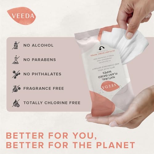 Image of Veeda Plant-Based Feminine Wipes - pH-Balanced, Hypoallergenic & Biodegradable Wipes for Sensitive Skin, Fragrance-Free Travel Sized Wipes - 120 Count (Pack of 4)