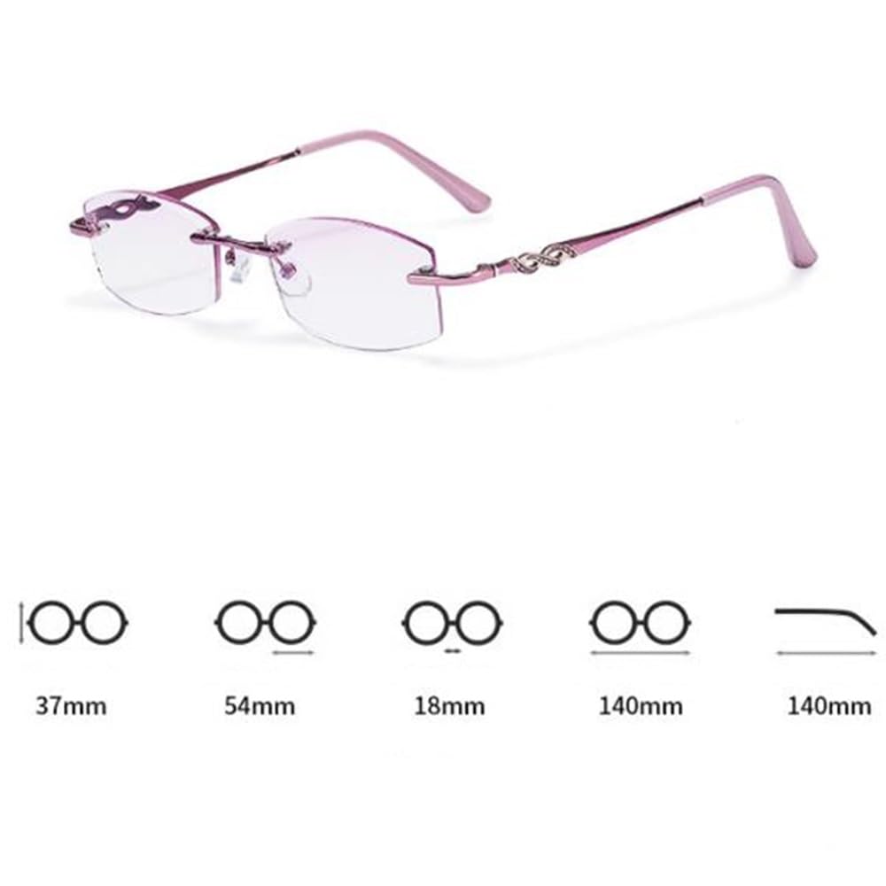 Gafas De Lectura Sin Marco Mujeres Moda Gafas de computadora Corte de diamante Gafas Anti Glare Metal Morado Templos +3.0
