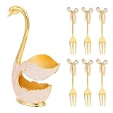 MALUGOGO 7 supporti per stoviglie in stile europeo a forma di cigno con finitura glitter oro, include 1 portamestoli e 6 forchette da bistecca di frutta, porta posate da caffè e dessert, per sala da