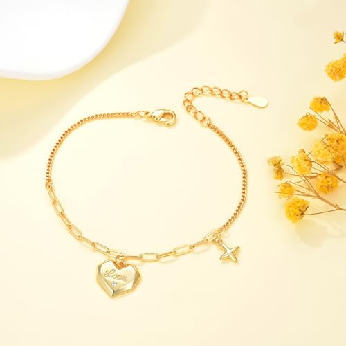 FRUMOS 14K Gold Plated Heart Charms Bracelet for Women Love Heart Charm Link Bracelet for Women Heart Jewelry (Love Heart Gold) - Image 3