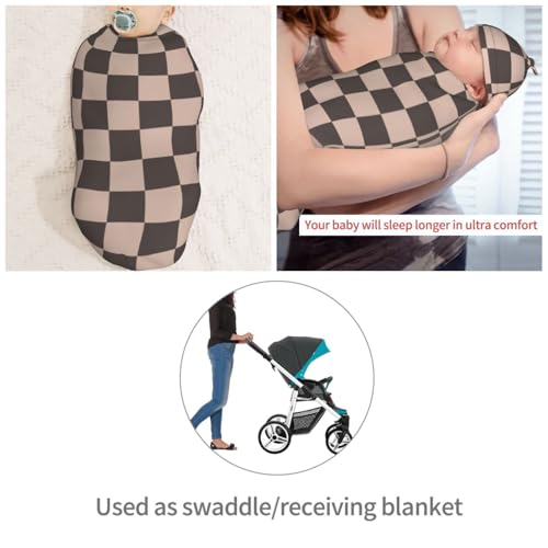 Image of Coffee Brown Checkered Plaid Swaddle Blanket with Beanie Hat Set Newborn Swaddle Wrap Soft Baby Receiving Blankets Baby Swaddle Sack for Baby Boys and Girls