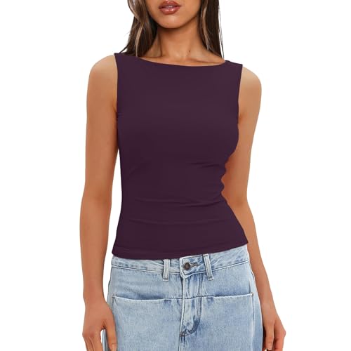 Lässiges Tanktop für Damen Layering Tank-Oberteil Aus Rippstrick, Schmale Passform, ärmelloses Shirt Lila M