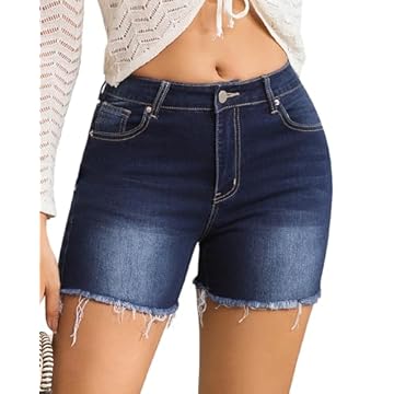 PUXODA Shorts jeans femininos cintura alta stretch rasgado moderno casual bainha desgastada, Azul escuro 566, 50