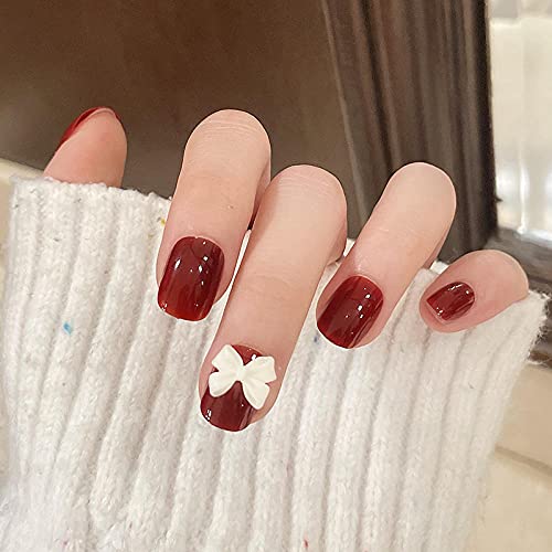 Falsche Nägel Nagelflecken Runde Volle Nägel Tipps Nagelkunst- Dekorationen 24 Stück Tragen Sie kurze quadratische Köpfe Falsche Nägel Rote Farbe mit Schleife Dekor Maniküre Falsche Nägel Tragbarer – Bild 5
