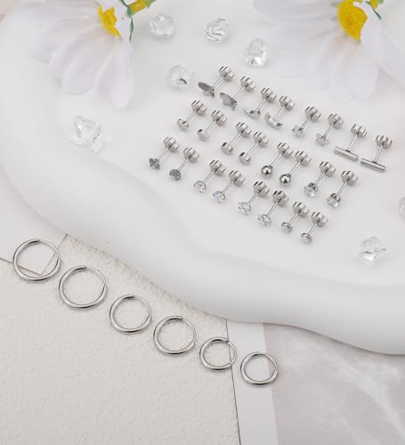 Staligue 15 Pairs Surgical Steel Earrings for Women Men Flat Back Earrings Hypoallergenic Opal Ball CZ Hoop 20 Gauge Earrings Sets for Multiple Piercing Jewelry4
