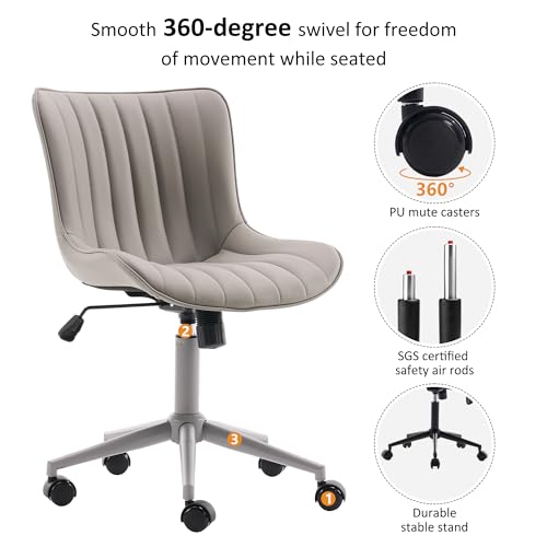 Image of YOUNIKE Office Desk Chair with Wheels Armless Vanity Chair Ergonomic Grey | Faux Leather Upholstered with Rocking Back, Swivel Height Adjustable, Modern Small Cute Task Chair For Sewing Drafting