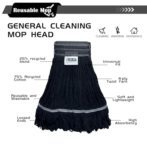 Image of Heavy Duty Wet Industrial Cleaning Mop Head - 21 oz Black mop Head Replacement Cotton Washable Industrial mop Heads Heavy Duty for Commercial & Home Cleaning(Balck)
