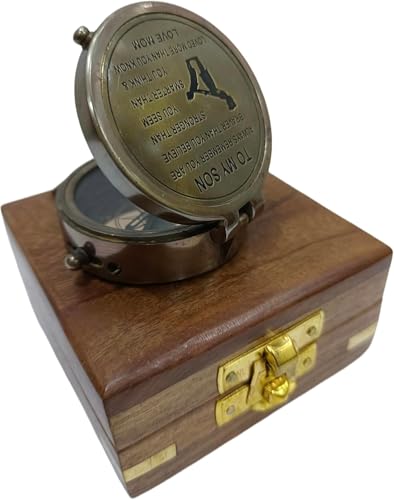 Brújula grabada en latón con caja de madera, regalo para hijo miniatura 3