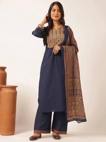 Image of Vbuyz Women Ajrakh With Yoke design Cotton Straight Kurta Set With Dupatta