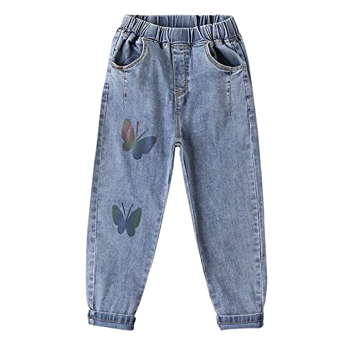 Balipig Vaqueros Niñas Pantalones Vaqueros para Niños Ninas Jeans Pantalón con Cintura Elástica Niñas Vaqueros con Patrón de Mariposa para Niñas 5-6 Años Cover