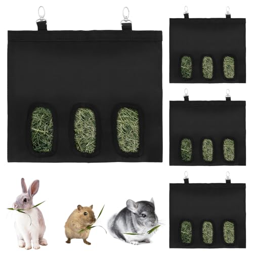 LDXDRU 4Pcs Rabbit Hay Feeder Bag with 3 Holes for Rabbits, Guinea Pigs, Chinchillas, Hamsters and Small Pets (Black)