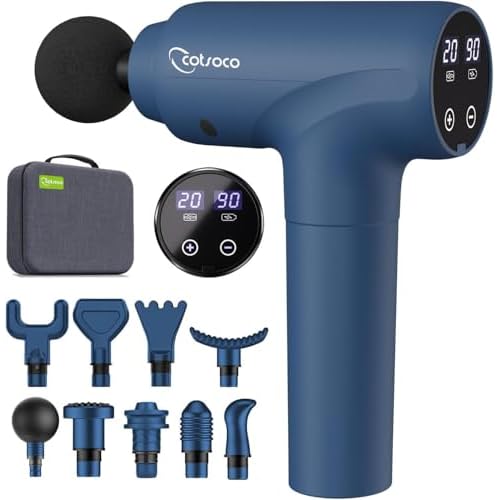 cotsoco Massage Gun Deep Tissue, Muscle Massage Gun with 9 Attachment Heads 20 Speeds & Silent Brushless Motor for Pain Relief, Handheld Percussion Ba