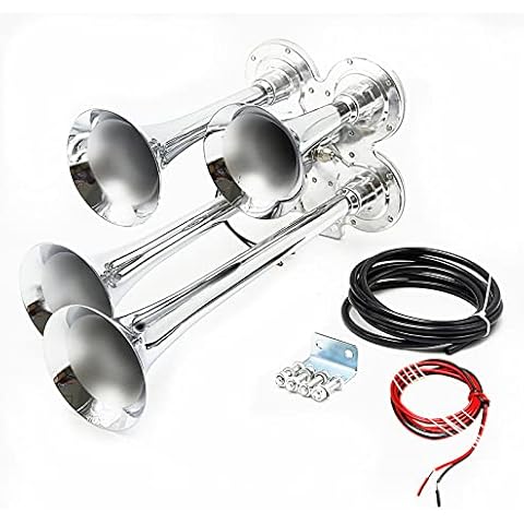 Viping car horn Silver four double row horn 12V 170DB loudspeaker solenoid valve waterproof pipe electric The electromagnetic valve metal for car every vehicle vans truck trains boats with Large Cover