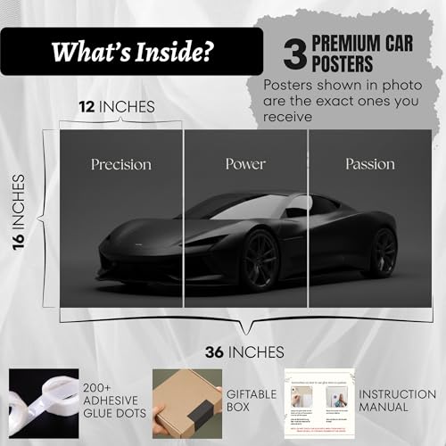 Image of BeauKraft Supercar Racing Poster Set for Wall - 3 Panel Split Posters (12x16 inches each, Unframed), Sports Car Wall Art Decor for Boys Room, Living Room, Garage & Men's Bedroom (Black)