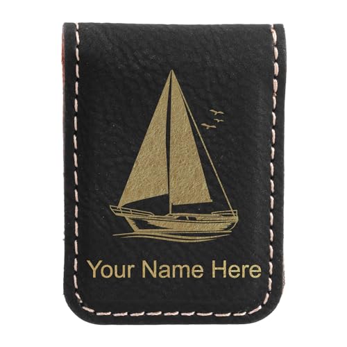 LaserGram Slim Magnetic Money Clip, Sailboat, Personalized Engraving Included (Black with Gold)