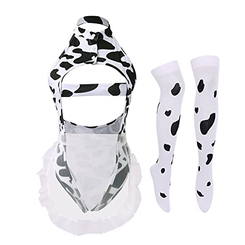 FYMNSI Damen Dessous Set Sexy Milchkuh Kuh Rollenspiel Kostüm Anime Kawaii Babydoll Bodysuit Rückenfrei Monokini Strumpf Set Erotische Unterwäsche...
