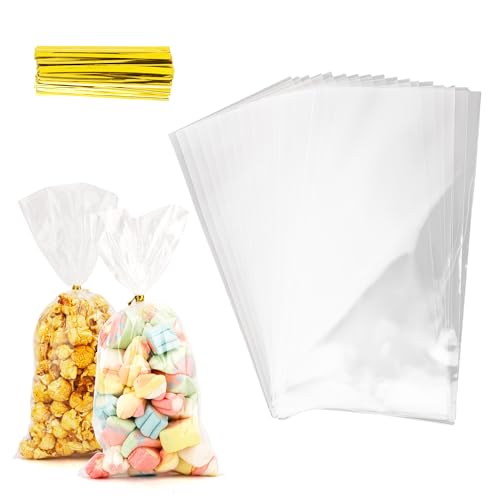 Cellophane Treat Bags, 100 PCS Clear Cellophane Bags, Plastic Cello Candy Cookies Goodie Gift Bag with Twist Ties for Valentines Easter St. Patrick Birthday Graduation Party Favors Supplies 5x11 Inch
