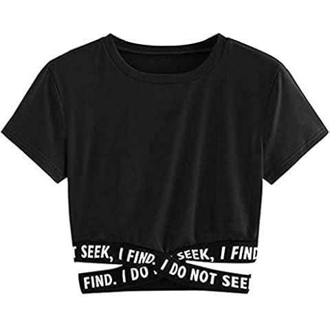 LOPILY Women's T-Shirt Crew Neck Short Sleeve Stylish Blouse Yoga Fitness Letter Print Chic Tops Flattering Sexy Basic Tee Cross Bandage Tops(a-Black,12 UK/L CN) Cover