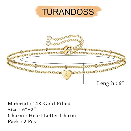 Turandoss Heart Initial Bracelets For Women, 14K Gold Filled Layered Bracelet Minimalist Initial Heart Bracelets For Women Bracelet With Initials A #TOP1
