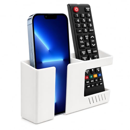 Decobay Strong Adhesive Wall Mount Phone Holder D3 Punch-Free Bedside Phone Shelf with Charging Port, Sticky Remote Control Storage Box, Bathroom & Kitchen Wall Organizer (White)