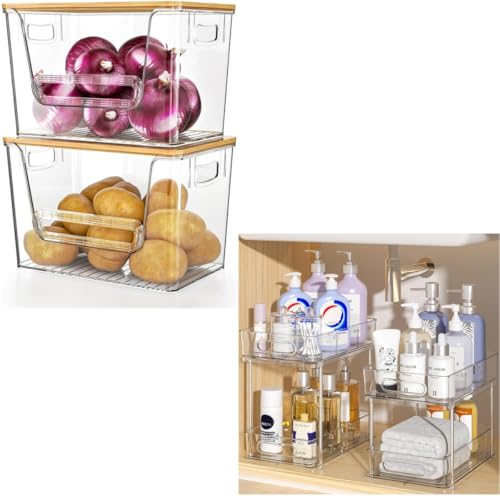 Delamu 2 Set Pantry organizers and Storage and 2 Pack Snap-Lock Bathroom Under Sink Organizers and Storage