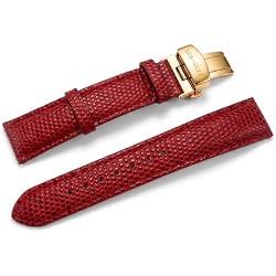 SEA-GULL 18mm Red Lizard Grain Genuine Leather Watch Band, Gold Butterfly Deployment Buckle, Quick Release Replacement Watch Strap for Men and Women