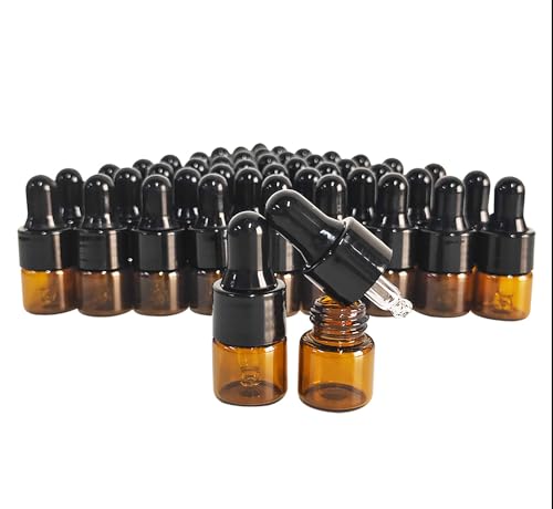 50Pcs Amber Glass Mini Dropper Bottle 1ml Amber Essential Oil Bottles Vials Travel Cosmetic Sample Container Liquid Perfume Eye Droppers Bottle (1ml)2