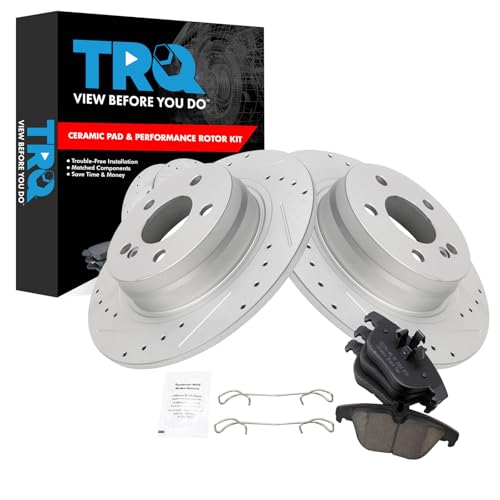 Image of TRQ Performance Rear Brake Pad and Rotor Set Ceramic Coated Drilled Slotted Compatible with 2008-2012 Mercedes-Benz C300 2012-2015 C250