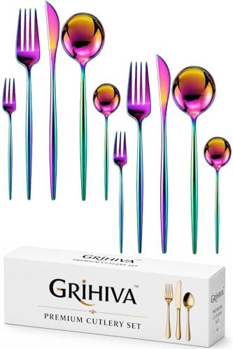 Image of 10 Pcs Rainbow Cutlery Set for Dining Table the Perfect Lightweight Silim Handle Tableware Including Dinner Spoon, Dinner Fork, Dinner Knife, Dessert Spoon & Dessert Fork
