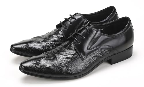 Santimon Men's Genuine Leather Oxfords Formal Dress Shoes - Pointed Toe Lace-Up Derby Shoes with Crocodile Embossed Design for Business Casual & Prom Wedding