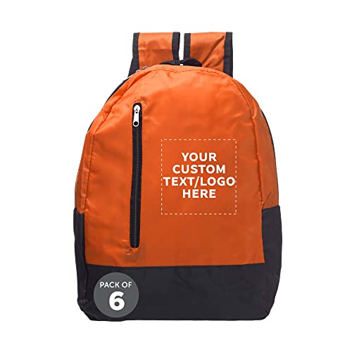 DISCOUNT PROMOS 6 Quick Zip Backpacks Set - Customizable Text, Logo - Polyester, Unique features, Front Pocket, Vibrant - Orange