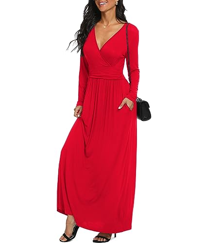 Image of LILBETTER Women Long Sleeve Deep V Neck Loose Plain Long Maxi Casual Dress