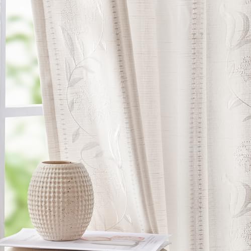 Image of jinchan White Floral Linen Curtains for Living Room 84 inch Back Tab 2 Panels