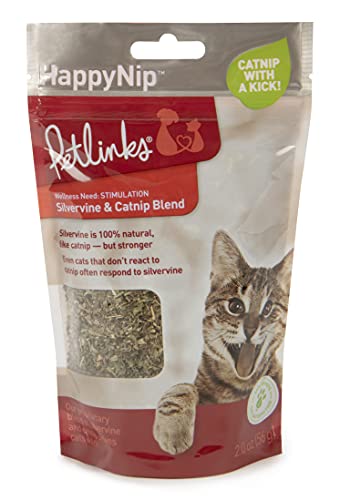Petlinks HappyNip Catnip & Silvervine Blend for Cats & Kittens, Highly Potent Stimulant/Attractant, Great for Finicky Felines, Resealable Pouch - 2.0 oz