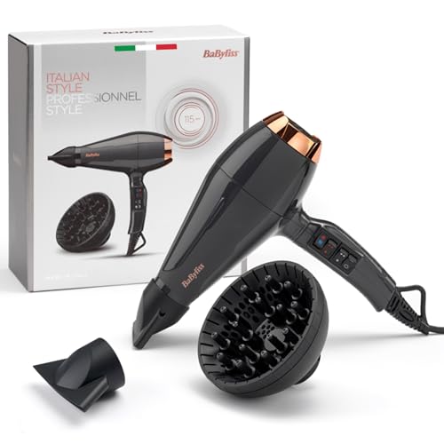 BaByliss Asciugacapelli MADE IN ITALY Air Pro, Motore AC Phon Capelli Professionale, 2200W, Diffusore Capelli Ricci, funzione anti-crespo, 2 velocità - 2 impostazioni di calore, nero, 6719DE