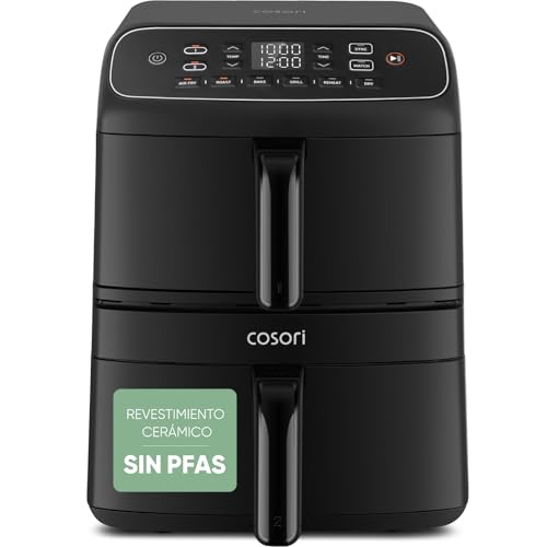 Cosori Air Fryer Turbo Tower Compacto 8,6 Litros, Freidora de Aire con Revestimiento Cerámico sin PFAS ni Teflon, Airfryer de Doble Cesta Vertical con Turbo Blaze, 6 Funciones, Recetas en App, 2600W