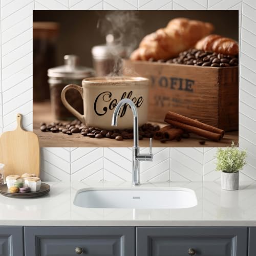 Image of Coffee Cup Croissant Backsplash Peel and Stick, 35.4x23.6 in