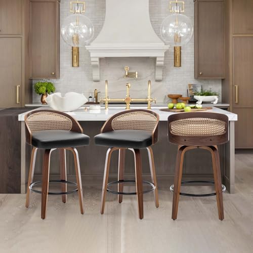 Image of 24.8 inch Swivel Rattan Bar Stools Set of 3,Mid-Century Modern Black Leather Upholstered Counter Height Stools,Kitchen Island Barstools with Rattan Low Backrest,Walnut Wood Finish Bar Chair