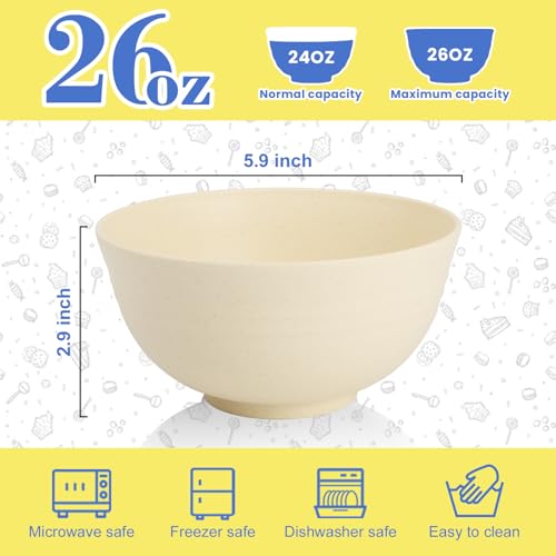 Image of Wheat Straw Bowls Set of 6, 26 OZ Unbreakable Cereal Bowls, Reusable Plastic Bowls for Camping, Dorm, RV, Picnic, Lightweight Salad Soup Bowls, Microwave & Dishwasher Safe, Beige
