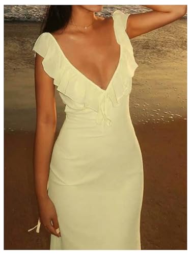 SOLY HUX Women's Summer Maxi Dress V Neck Ruffle Sleeveless Bodycon Cocktail Party Long Dresses3