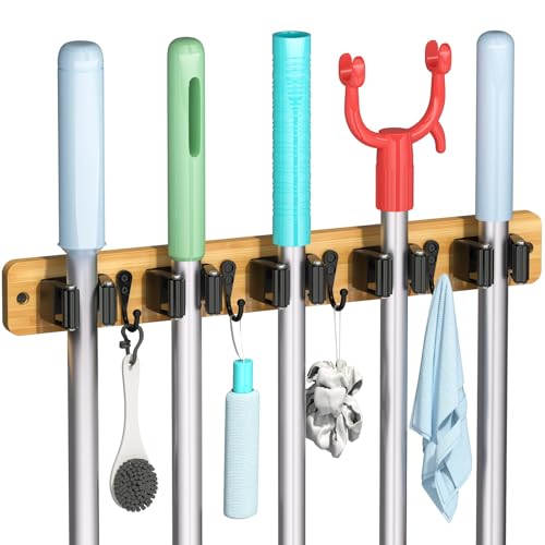 IMILLET Broom Holder Wall Mount, Bamboo Broom Hanger with 5 Racks 4 Hooks, Mop and Broom Holder Wall Mount Self Adhesive, Home Organization and Storage for Laundry Room, Closet, Utility Room (1 Pack)