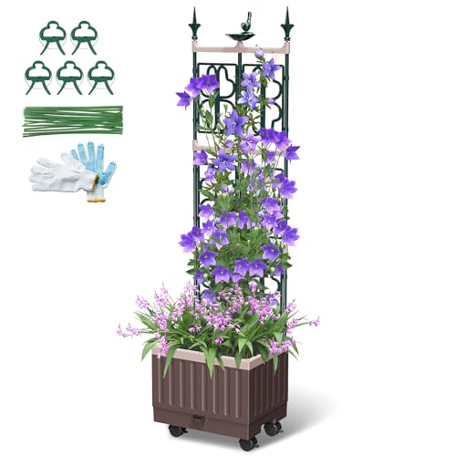MQHUAYU Raised Garden Bed Planter Boxes with Trellis,61.4″ Self-Watering Trellis with Planter Box for Climbing Plants Flowers Vegetables with Wheels,Use for Indoor Outdoor