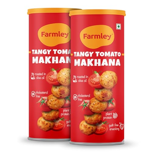 Image of Farmley Roasted Makhana, Tangy Tomato Flavor | 77g Each | Healthy Snack Roasted in Olive Oil | Guilt-Free & Crunchy Munchies | Pack of 2