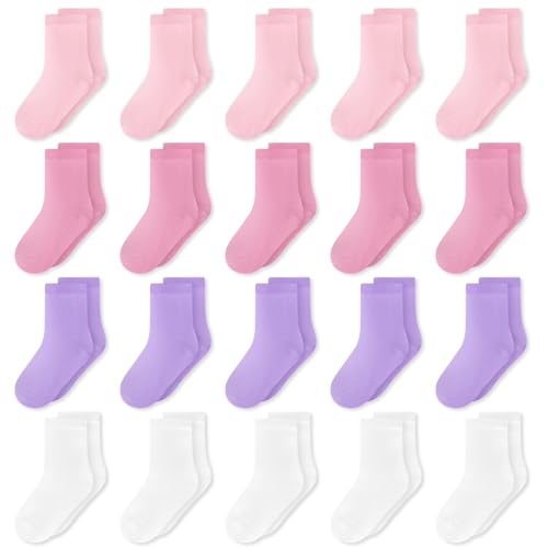 GENTABY Toddler Girls Socks 20 Pairs Multipack Running Causal Kids Baby Hiking Home White Pink Rose Size 10-12 Elastic Mid Cut Socks 4-7 Years