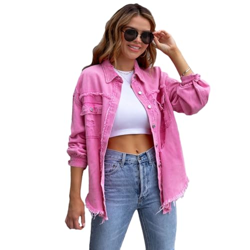 amropi Veste en Jean pour Femmes Chemisier en Denim Léger Blouson Ourlet Effiloché Jacket Rose, XL
