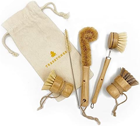 Natural Bamboo Dish Brush Set - Kitchen Dish Brush Set - Wooden Dish Brush Set with Holder - Bamboo Dish Scrub Brush - Wood Dish Brush Set - Bamboo Dish Brush with Holder - Eco Friendly Dish Brush