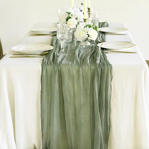 ACOMTUO 4 Stück Boho Musselin Seihtuch,90x300 cm Grün Gaze Käsetuch Boho Hochzeit,Boho Seihtuch,Tischläufer Eukalyptus Grün für Hochzeitsdeko, Tischdeko Geburtstag, Babyparty
