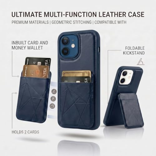 Image of amazon basics Premium Vegan Leather Back Cover with Card Holder and Integrated Mobile Stand for iPhone 11 - Slim Shockproof Wallet Case with Geometric Stitching [Blue]