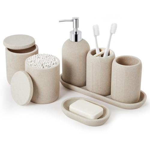 Bathroom Accessories Set - 7-Piece Resin Bathroom Set, Toothbrush Holders for Bathrooms, Soap Dispenser, Qtip Holder Dispenser, Tumbler, Soap Dish & Tray(Beige - image 1