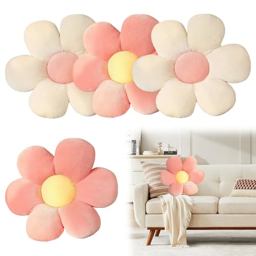 Rthynti Flower Pillow, Daisy Cushion, 4PCS Flower Cushion, Flower Shaped Throw Pillow Decorative for Car Home Sofa Chair and Floor (Pink, White)